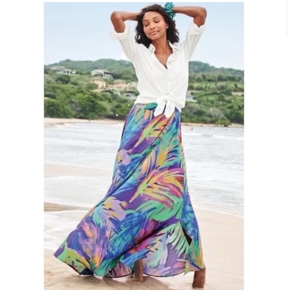 Soft Surroundings Reethi Bay Tropical Palms Colorful Faux Wrap Maxi Skirt PM - Picture 1 of 9